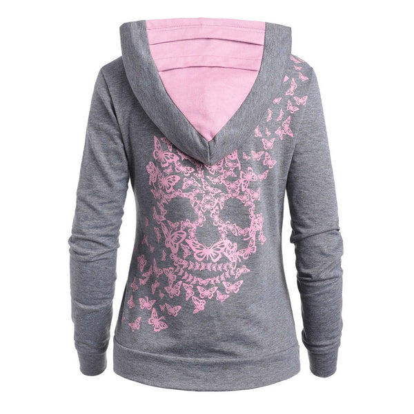 Womens Butterflies Skull Hoodie Kangaroo Pocket Hooded Sweatshirt